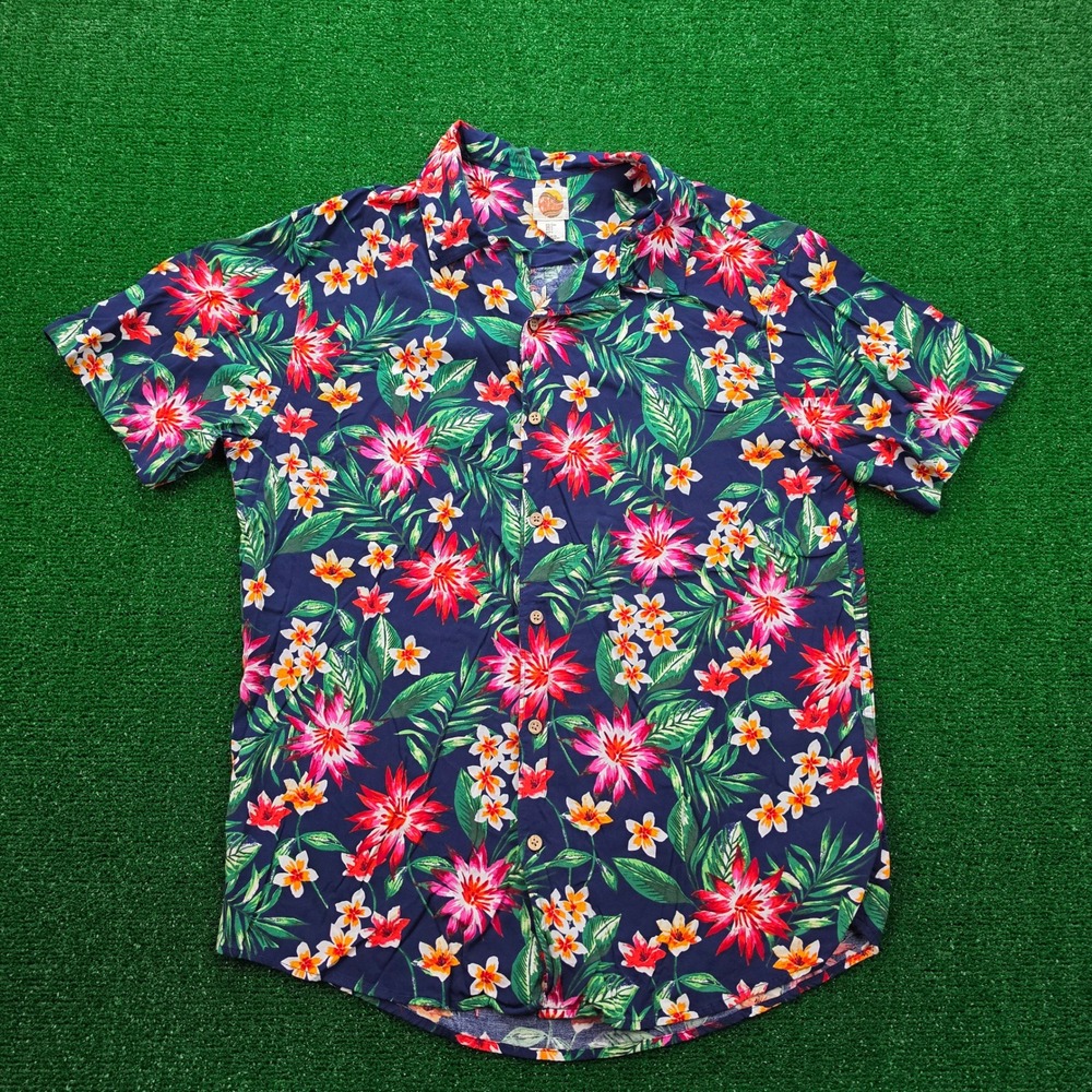 C&C California Shirt Mens Large Blue Floral Tropical Hawaiian Rayon Button Up